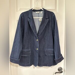 Denim & Co. Large Heritage Easy Stretch Denim Blazer Blue Dark Wash NEW